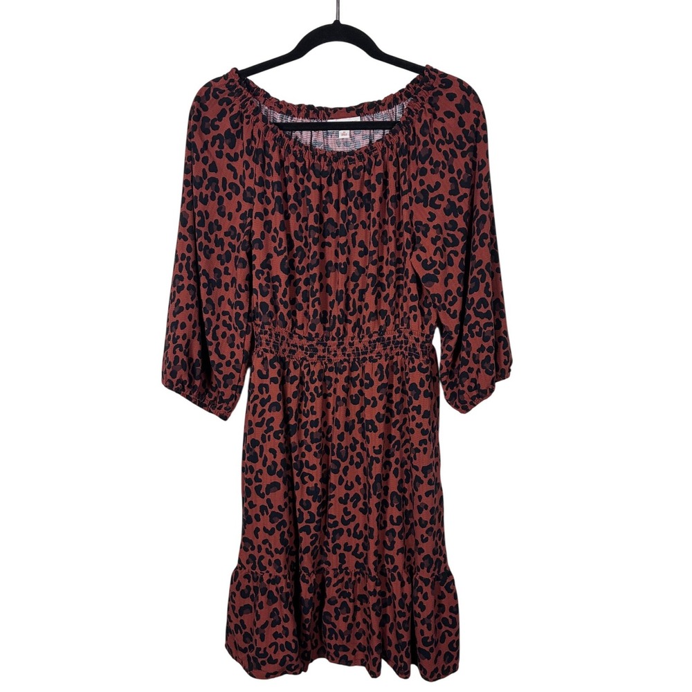 Knox Rose Leopard Print Smocked Waist Boho Tiered A-Line Dress Brown Size M - Picture 2 of 8